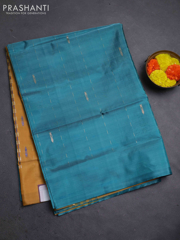 Banana pith saree teal green and mustard yellow with thread woven buttas in borderless style