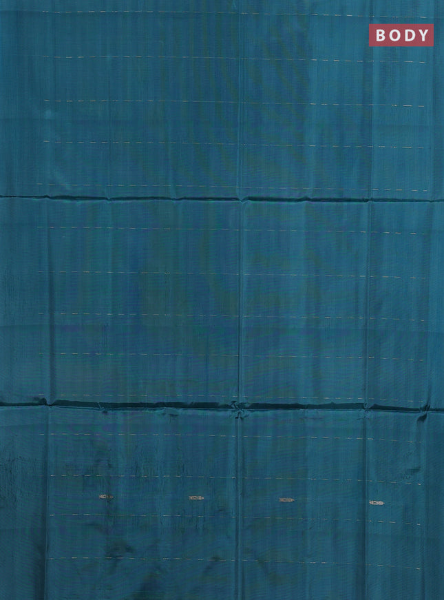 Banana pith saree teal green and mustard yellow with thread woven buttas in borderless style