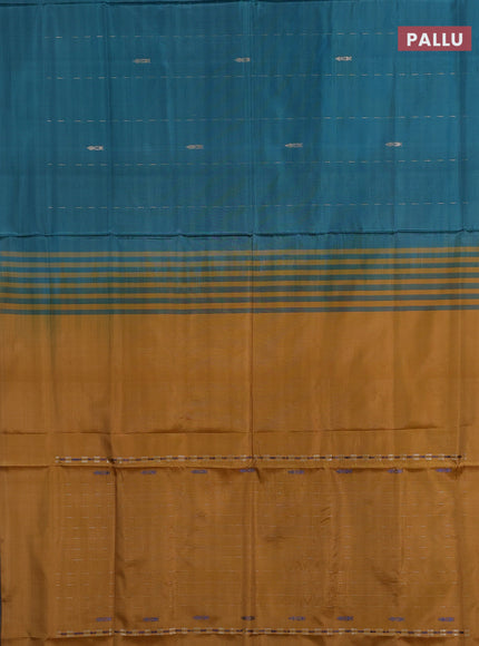 Banana pith saree teal green and mustard yellow with thread woven buttas in borderless style