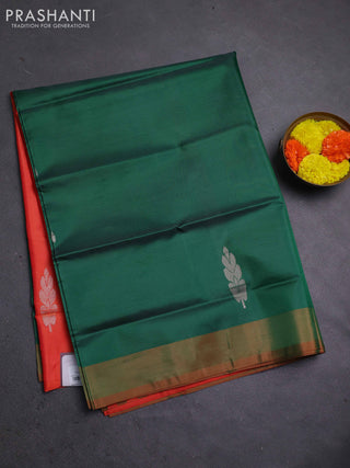 Banana pith saree green and orange with thread woven buttas and contrast border