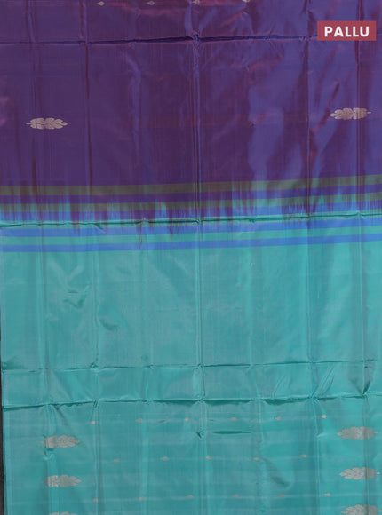 Banana pith saree dual shade of purple and teal blue with thread woven buttas in borderless style