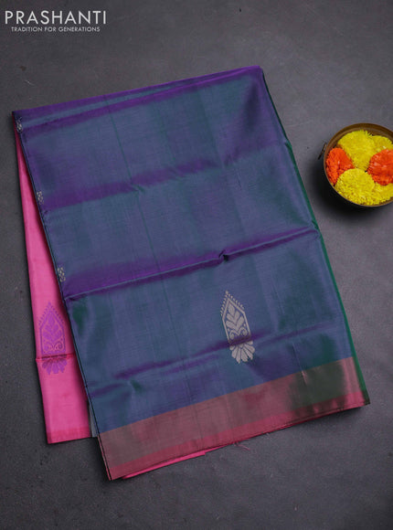 Banana pith saree dual shade of bluish green and pink with thread woven buttas in borderless style