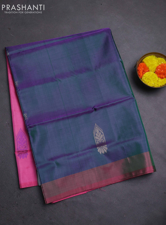 Banana pith saree dual shade of bluish green and pink with thread woven buttas in borderless style