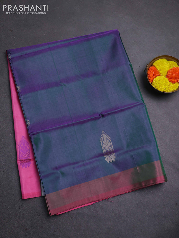 Banana pith saree dual shade of bluish green and pink with thread woven buttas in borderless style