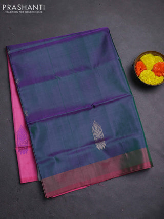 Banana pith saree dual shade of bluish green and pink with thread woven buttas in borderless style