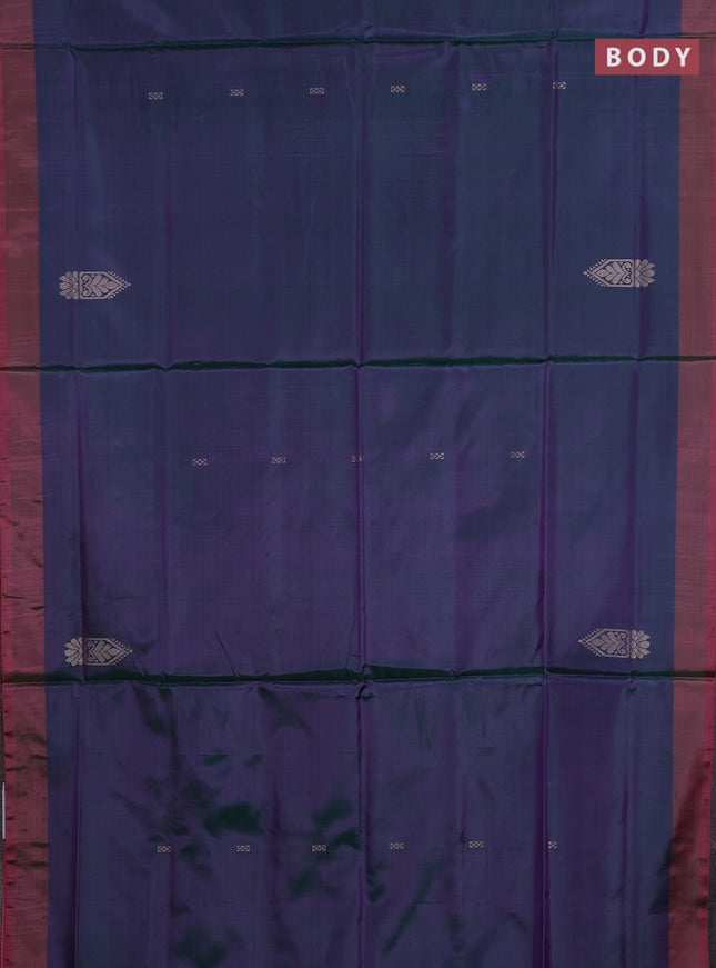 Banana pith saree dual shade of bluish green and pink with thread woven buttas in borderless style