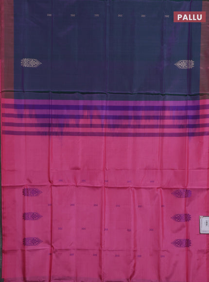 Banana pith saree dual shade of bluish green and pink with thread woven buttas in borderless style