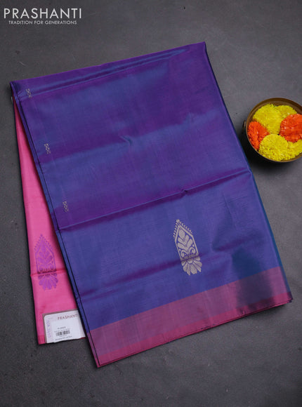 Banana pith saree dual shade of peacock green and light pink with thread woven buttas and contrast border