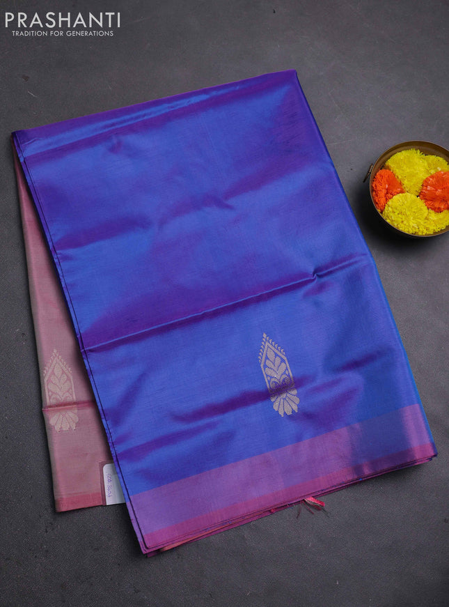 Banana pith saree cs blue and pastel pink with thread woven buttas and contrast border