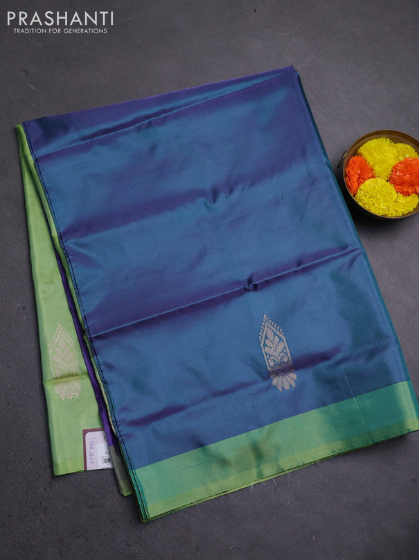 Banana pith saree peacock green and light green with thread woven buttas and contrast border