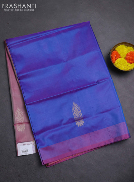 Banana pith saree cs blue and pastel pink with thread woven buttas and contrast border