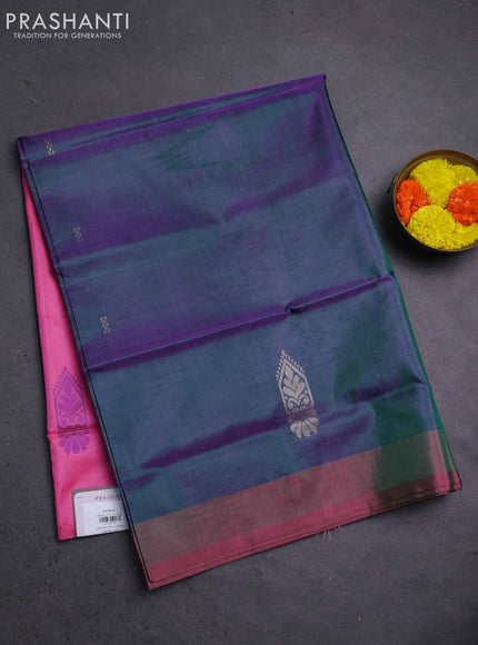 Banana pith saree peacock green and light pink with thread woven buttas and contrast border
