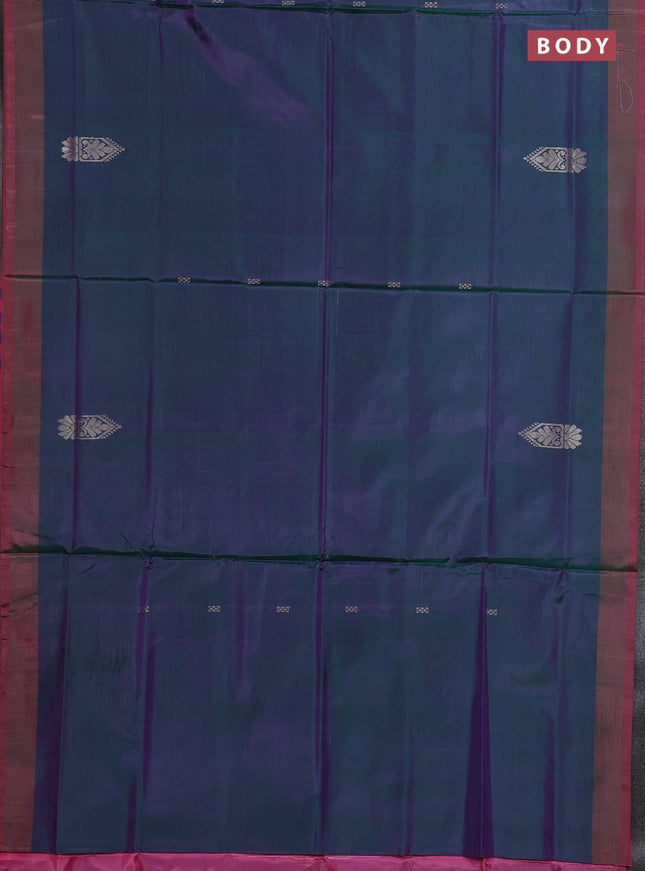Banana pith saree peacock green and light pink with thread woven buttas and contrast border