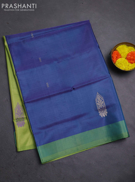 Banana pith saree peacock blue and light green with thread woven buttas and contrast border
