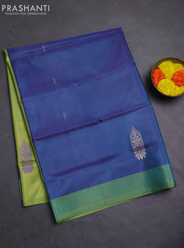 Banana pith saree peacock blue and light green with thread woven buttas and contrast border