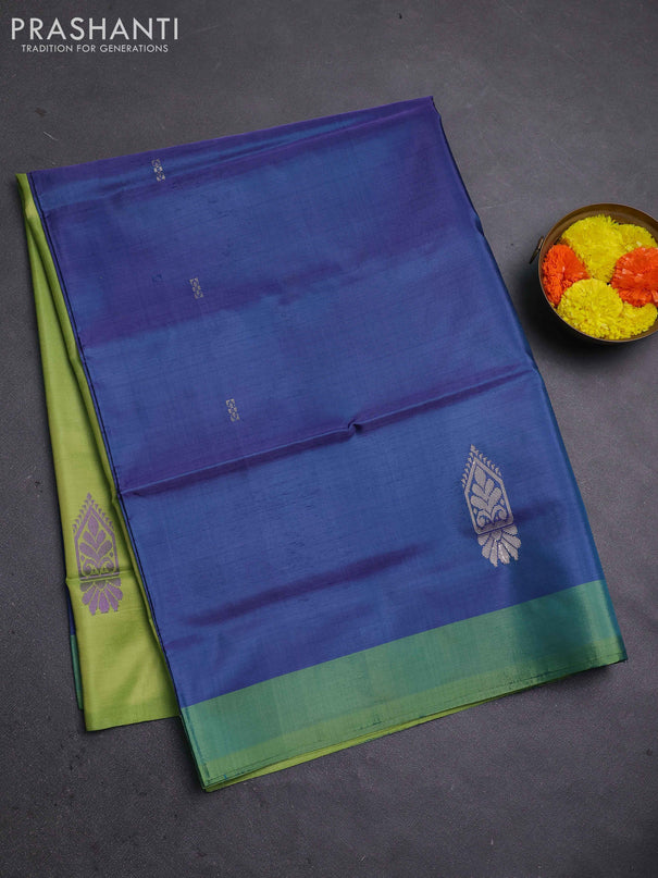Banana pith saree peacock blue and light green with thread woven buttas and contrast border