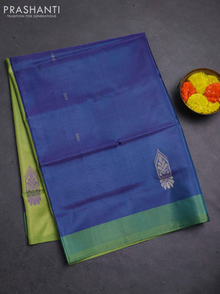 Banana pith saree peacock blue and light green with thread woven buttas and contrast border