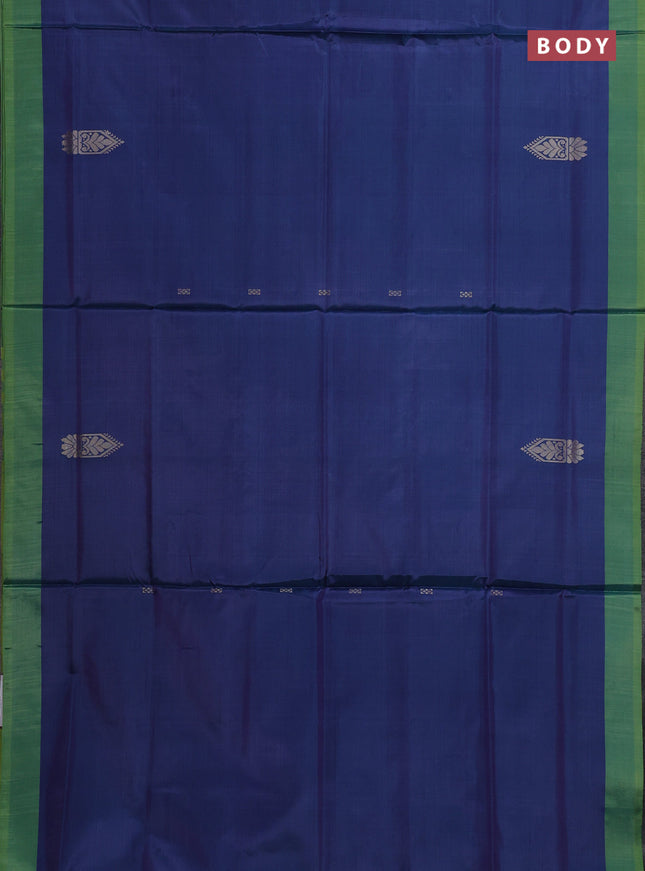 Banana pith saree peacock blue and light green with thread woven buttas and contrast border