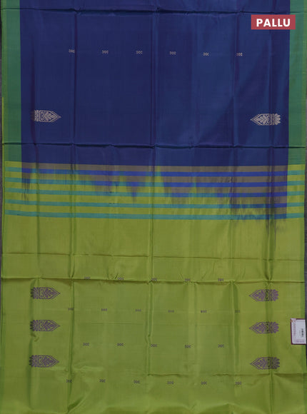 Banana pith saree peacock blue and light green with thread woven buttas and contrast border