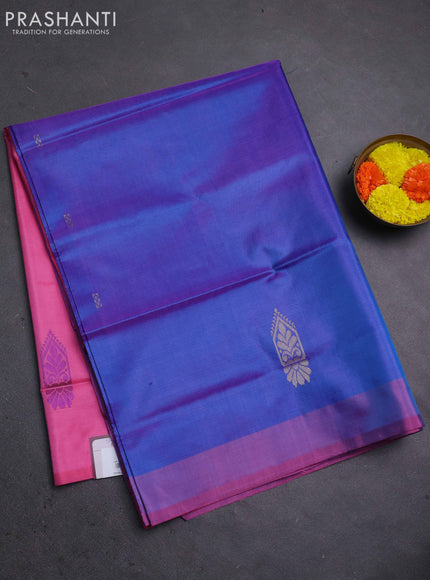 Banana pith saree dual shade of cs blue and pink with thread woven buttas and contrast border