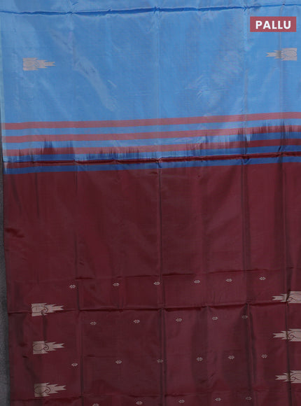 Banana pith saree light blue and maroon with thread woven buttas in borderless style