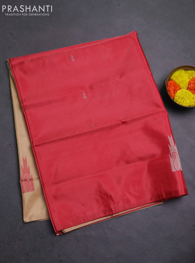 Banana pith saree red and sandal with thread woven buttas in borderless style