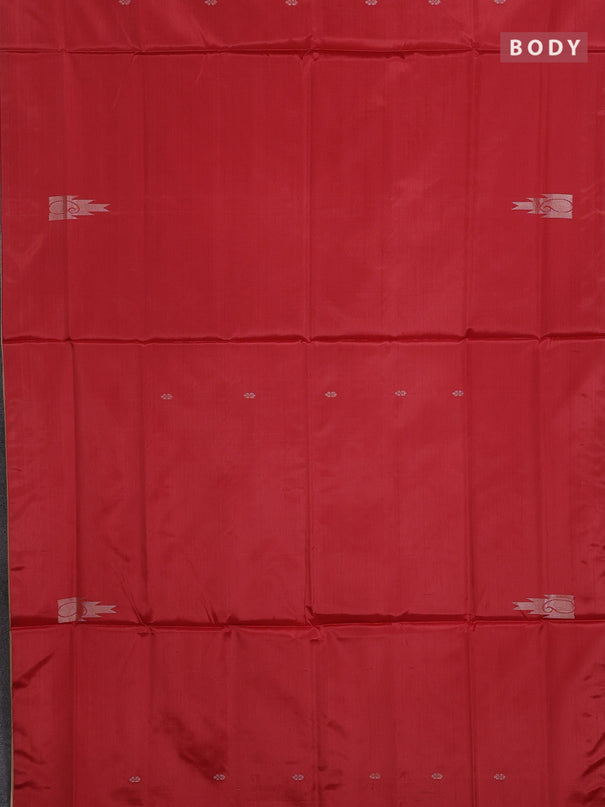 Banana pith saree red and sandal with thread woven buttas in borderless style