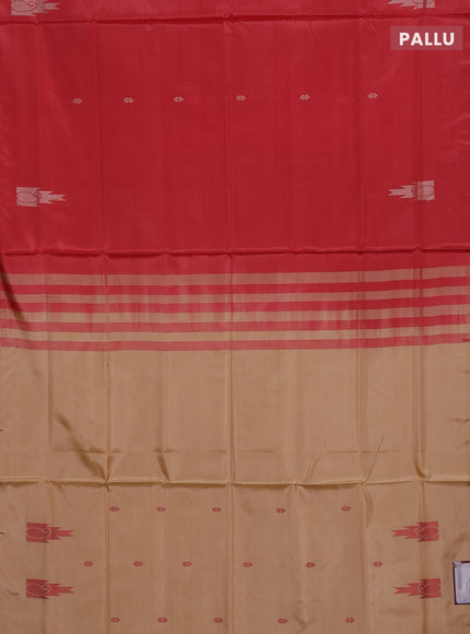 Banana pith saree red and sandal with thread woven buttas in borderless style