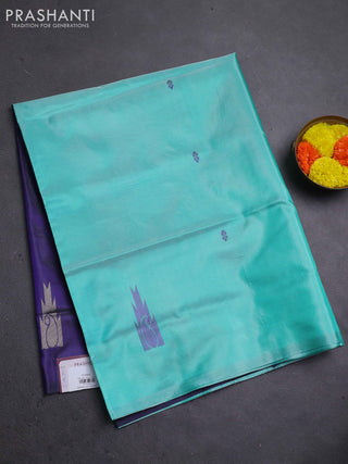 Banana pith saree teal green and dark blue with thread woven buttas in borderless style