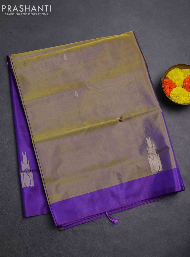 Banana pith saree lime yellow and violet with thread woven buttas in borderless style