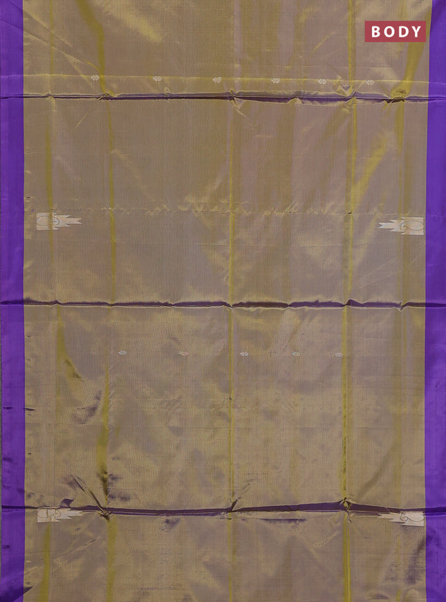Banana pith saree lime yellow and violet with thread woven buttas in borderless style