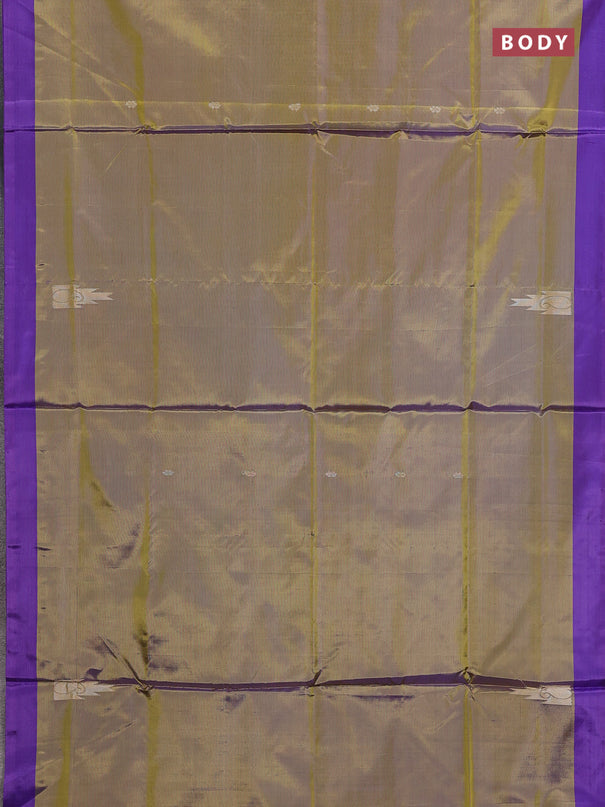 Banana pith saree lime yellow and violet with thread woven buttas in borderless style