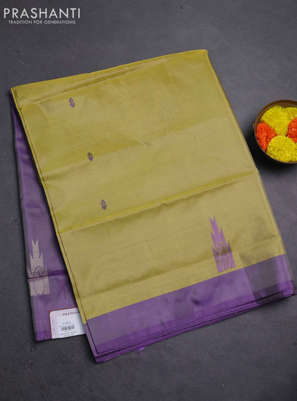 Banana pith saree lime yellow and violet with thread woven buttas in borderless style