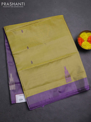 Banana pith saree lime yellow and violet with thread woven buttas in borderless style