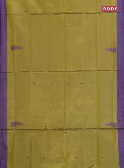 Banana pith saree lime yellow and violet with thread woven buttas in borderless style