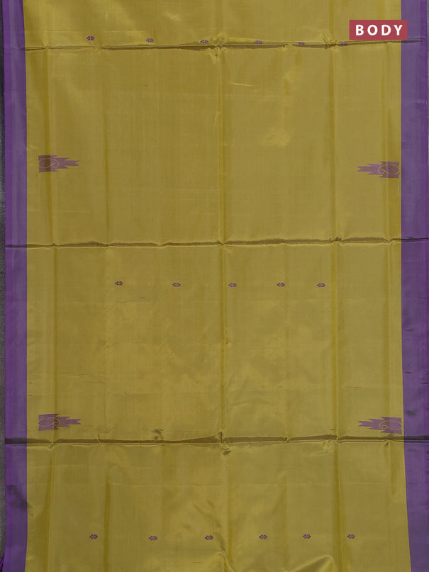 Banana pith saree lime yellow and violet with thread woven buttas in borderless style