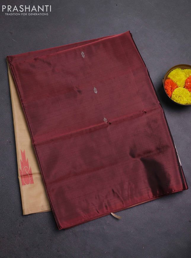 Banana pith saree maroon and sandal with thread woven buttas in borderless style