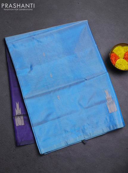 Banana pith saree light blue and blue with thread woven buttas in borderless style