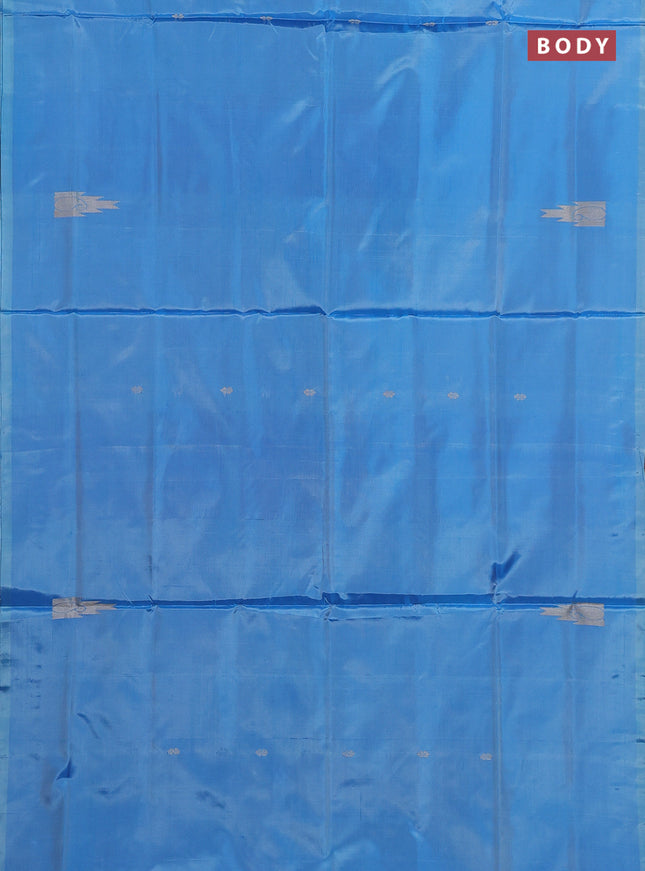 Banana pith saree light blue and blue with thread woven buttas in borderless style