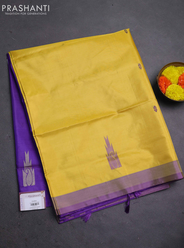 Banana pith saree lime yellow and violet with thread woven buttas and contrast border