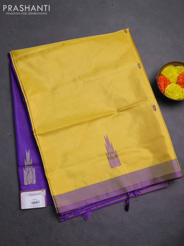 Banana pith saree lime yellow and violet with thread woven buttas and contrast border