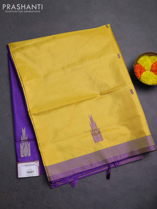 Banana pith saree lime yellow and violet with thread woven buttas and contrast border