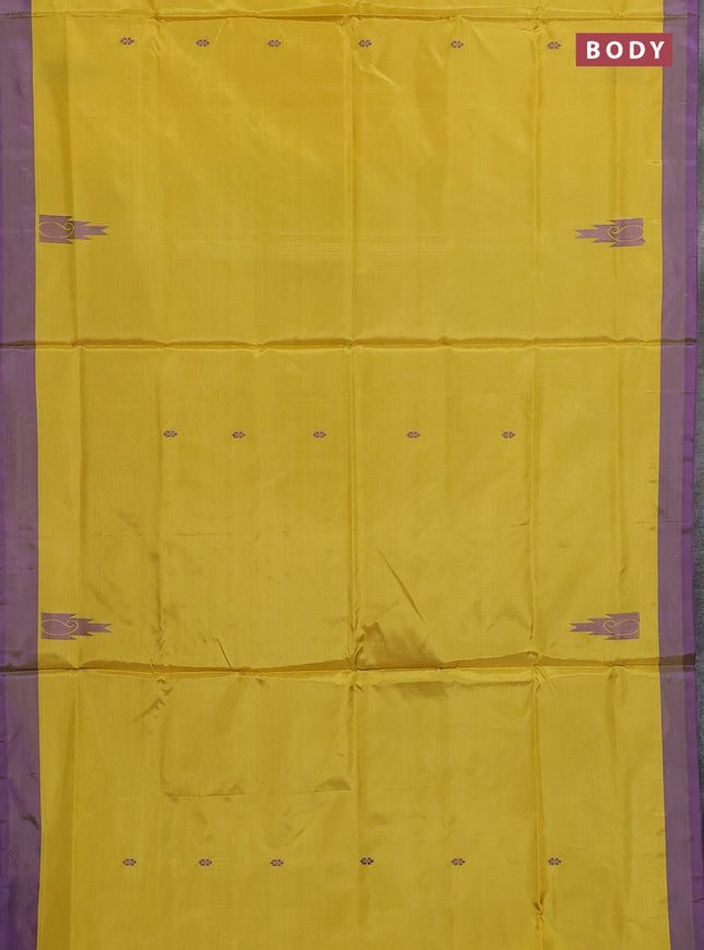 Banana pith saree lime yellow and violet with thread woven buttas and contrast border
