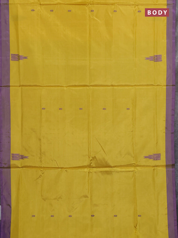 Banana pith saree lime yellow and violet with thread woven buttas and contrast border