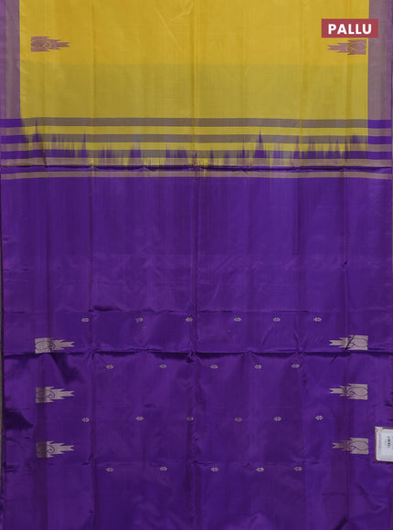 Banana pith saree lime yellow and violet with thread woven buttas and contrast border