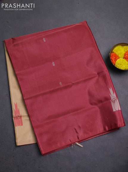 Banana pith saree maroon and sandal with thread woven buttas in borderless style