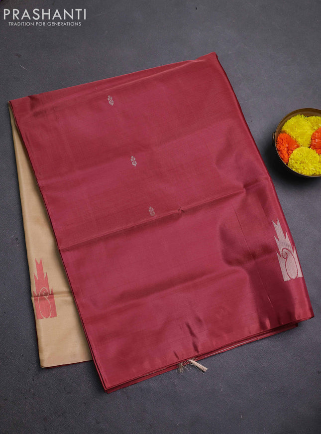 Banana pith saree maroon and sandal with thread woven buttas in borderless style