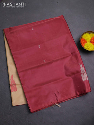 Banana pith saree maroon and sandal with thread woven buttas in borderless style