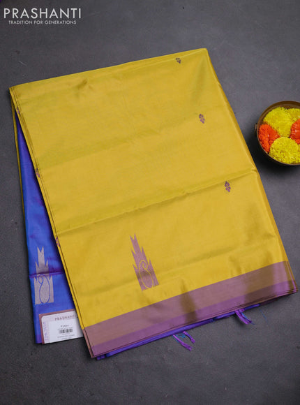 Banana pith saree lime yellow and dual shade of cs blue with thread woven buttas and contrast border