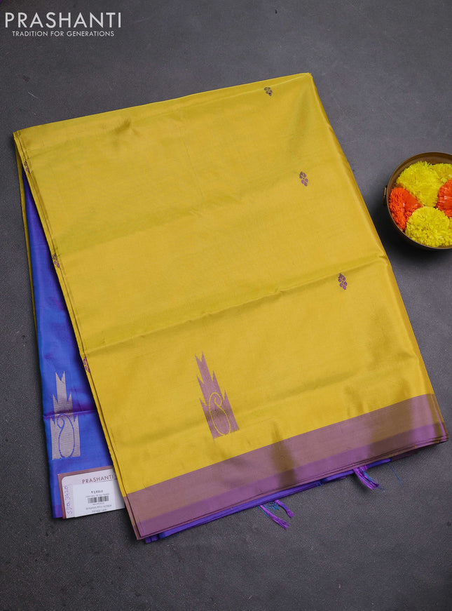 Banana pith saree lime yellow and dual shade of cs blue with thread woven buttas and contrast border